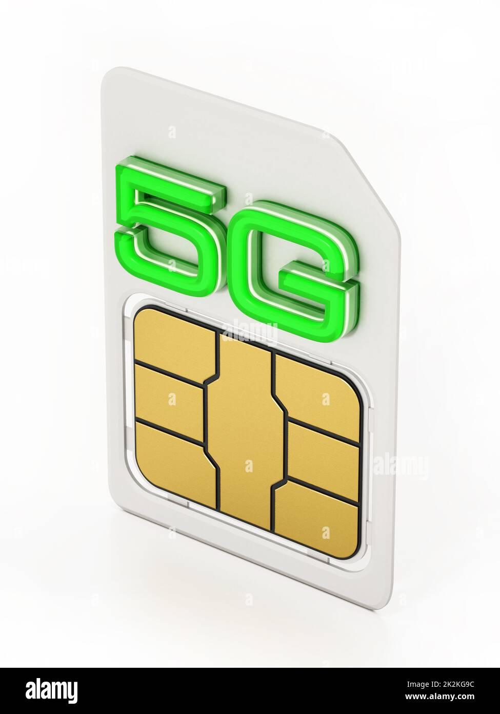 scheda SIM 5G isolata su sfondo bianco. Illustrazione 3D Foto Stock