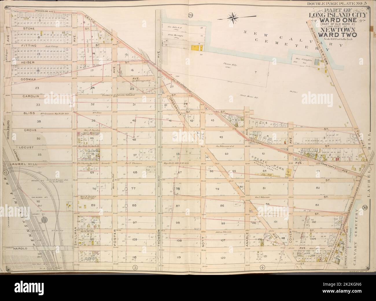Cartografica, Mappe. 1908 - 1912. Lionel Pincus e Princess Firyal Map Division Queens, Vol. 2, Double Page Plate No. 5; parte di Long Island City Ward One (parte di Old Ward 2) Newtown Ward Two; Mappa delimitata da Woodside Ave., Celtic Ave. (Autostrada per Calvario Cemetery), Thomson Ave.; Inclusi Greenpoint Ave., Bushwick e Newtown Turnpike, Hunters Point Ave., Borden Ave., Van Pelt St., Harold Ave., Middleburg Ave. Foto Stock