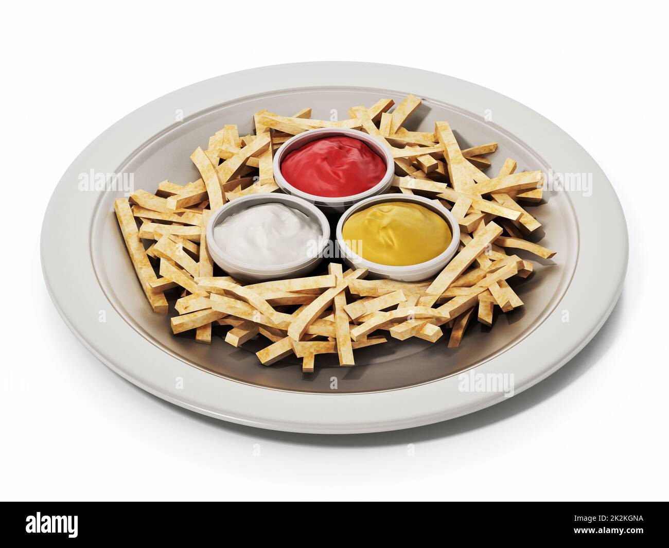 Patatine fritte con ketchup nel piatto isolato su fondo bianco. Illustrazione 3D Foto Stock