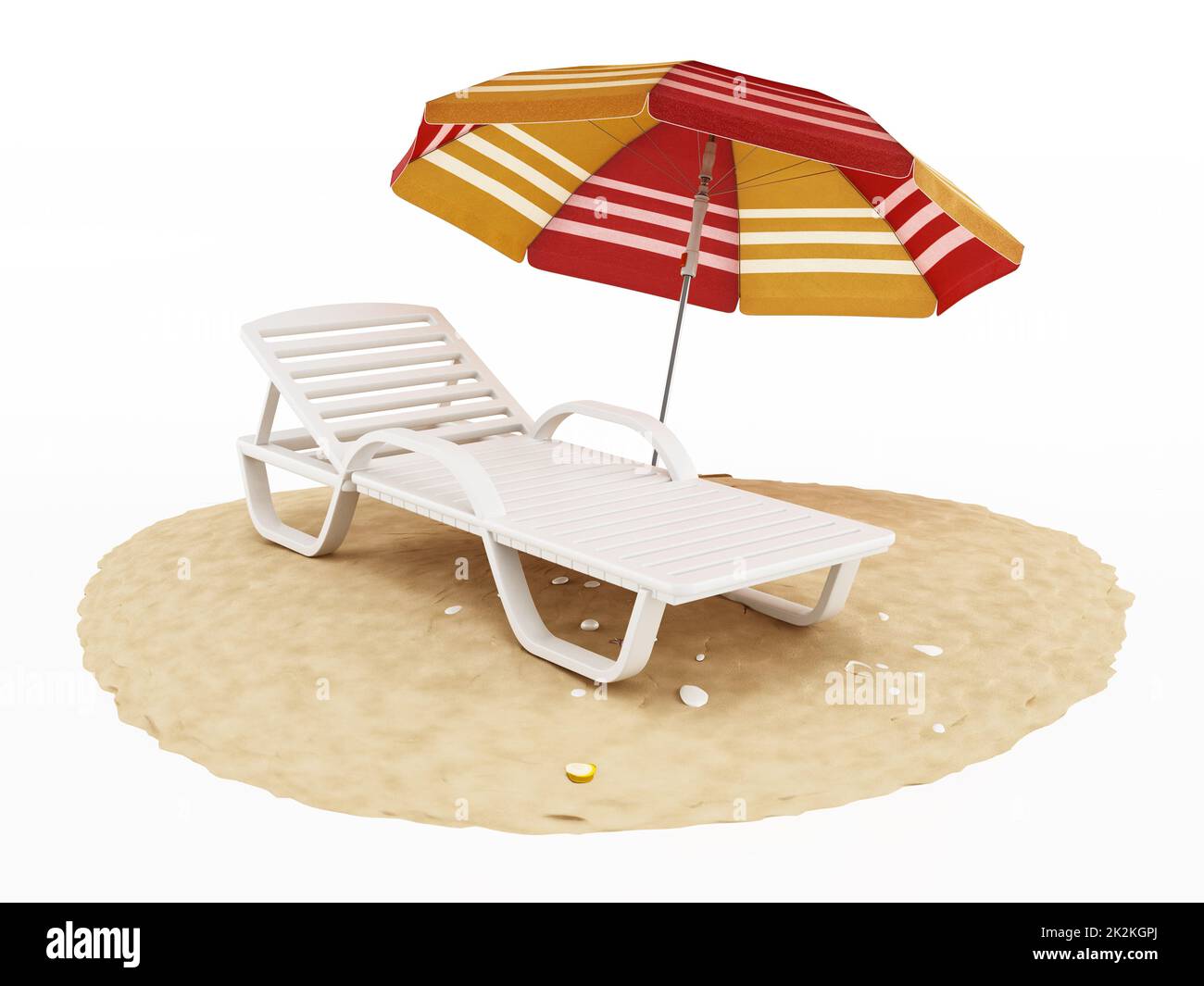 Lettino solare e ombrello isolati su sfondo bianco. Illustrazione 3D Foto Stock