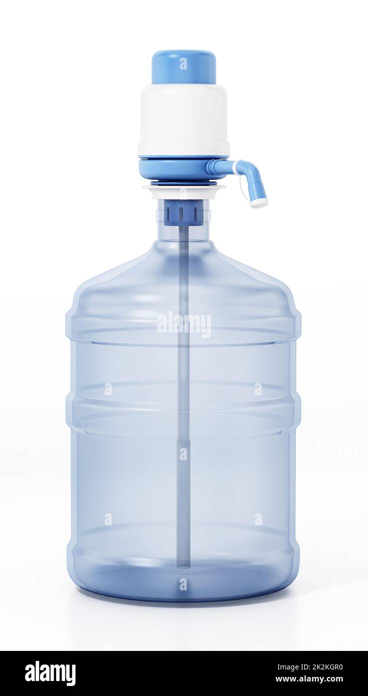 Contenitore e pompa dell'acqua generici isolati su sfondo bianco. Illustrazione 3D Foto Stock