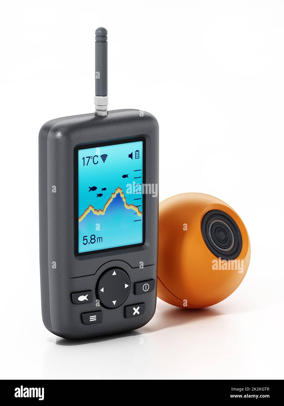 Fishfinder digitale e sonda subacquea arancione isolata su sfondo bianco. Illustrazione 3D Foto Stock
