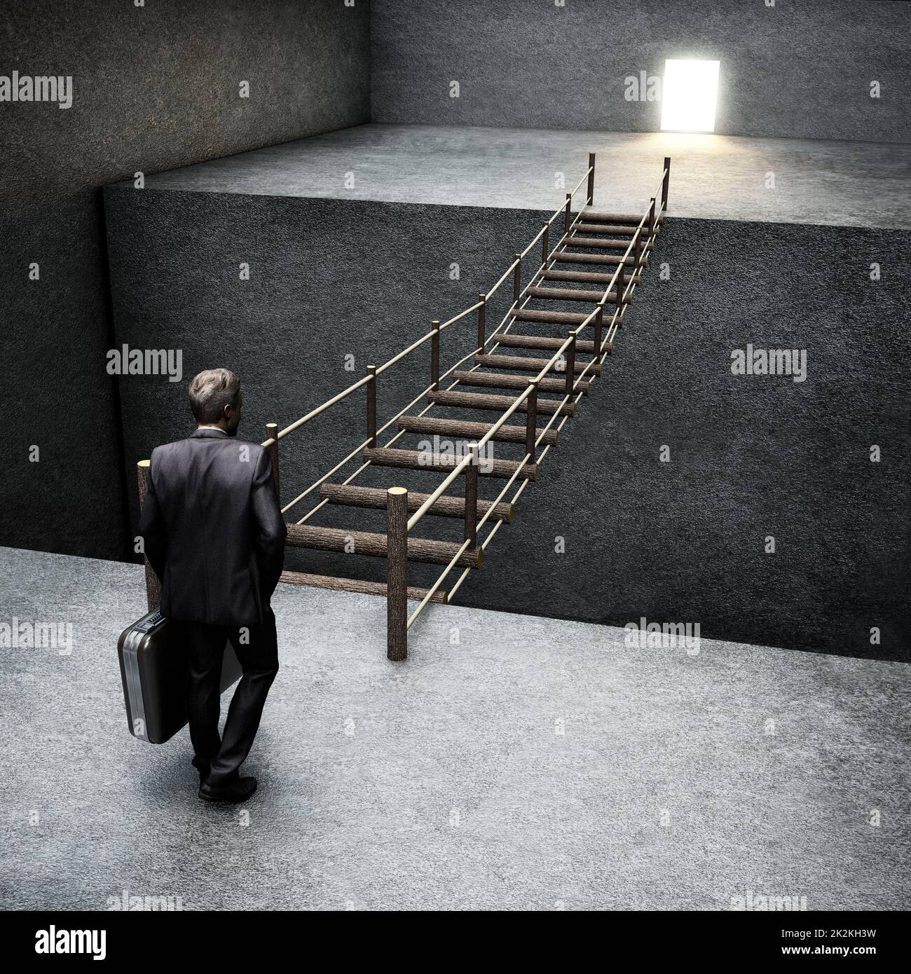 Uomo d'affari in piedi di fronte alle scale che conducono al luminoso keyhole. Illustrazione 3D Foto Stock