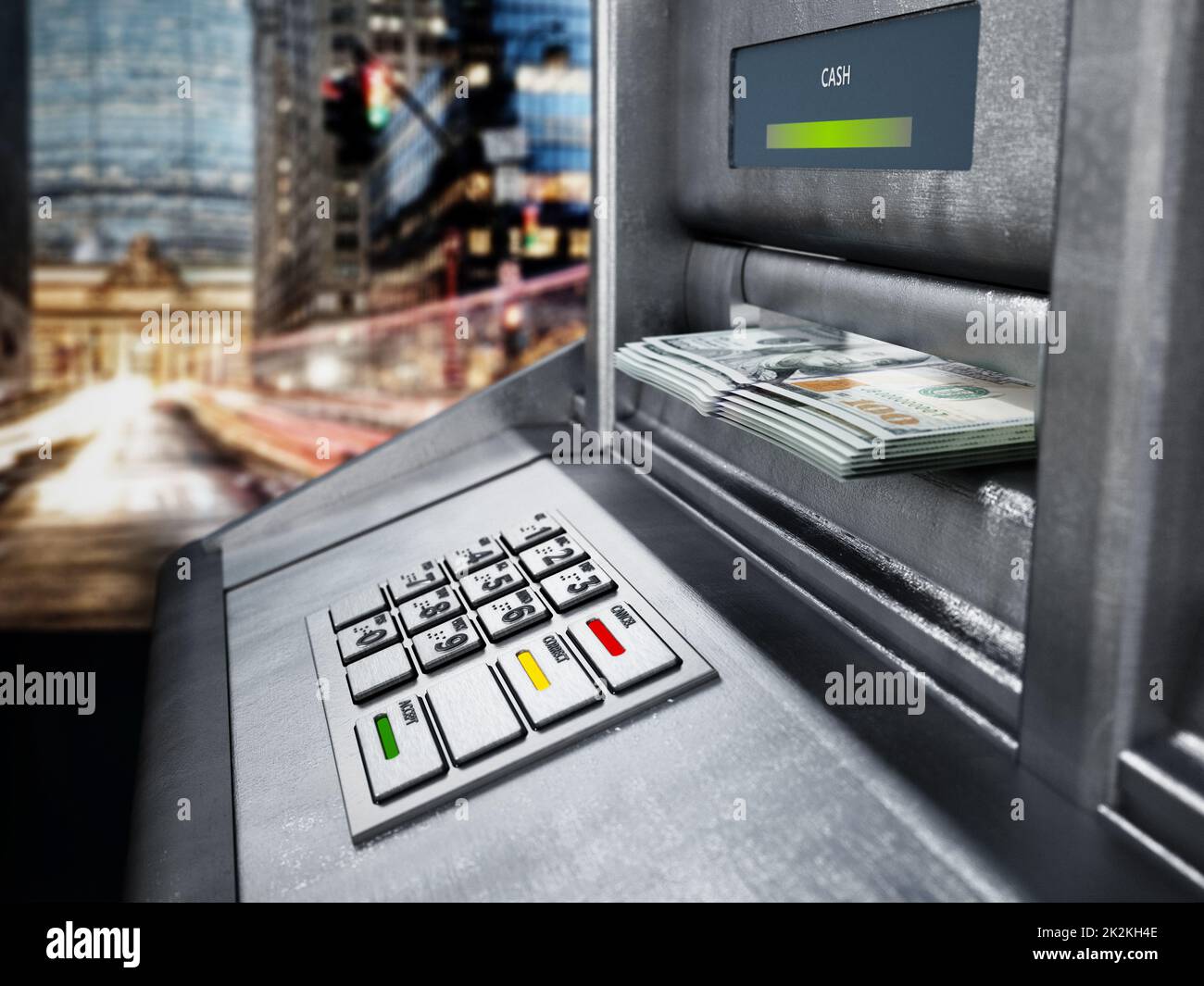 Bancomat automatico con cassa del dollaro. Illustrazione 3D Foto Stock