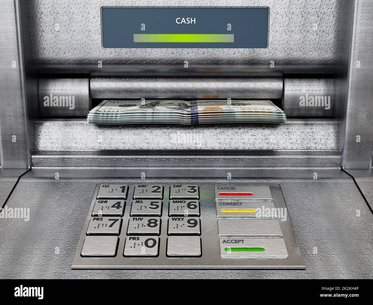 Bancomat automatico con cassa del dollaro. Illustrazione 3D Foto Stock