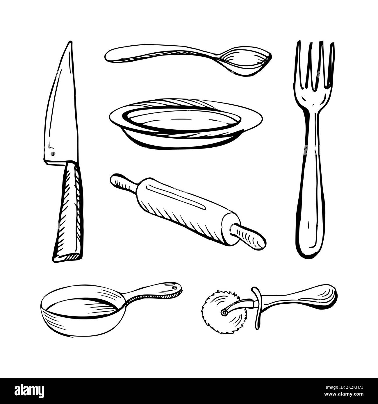 Set di 7 posate sottili linee nere su sfondo bianco - Vector Foto Stock