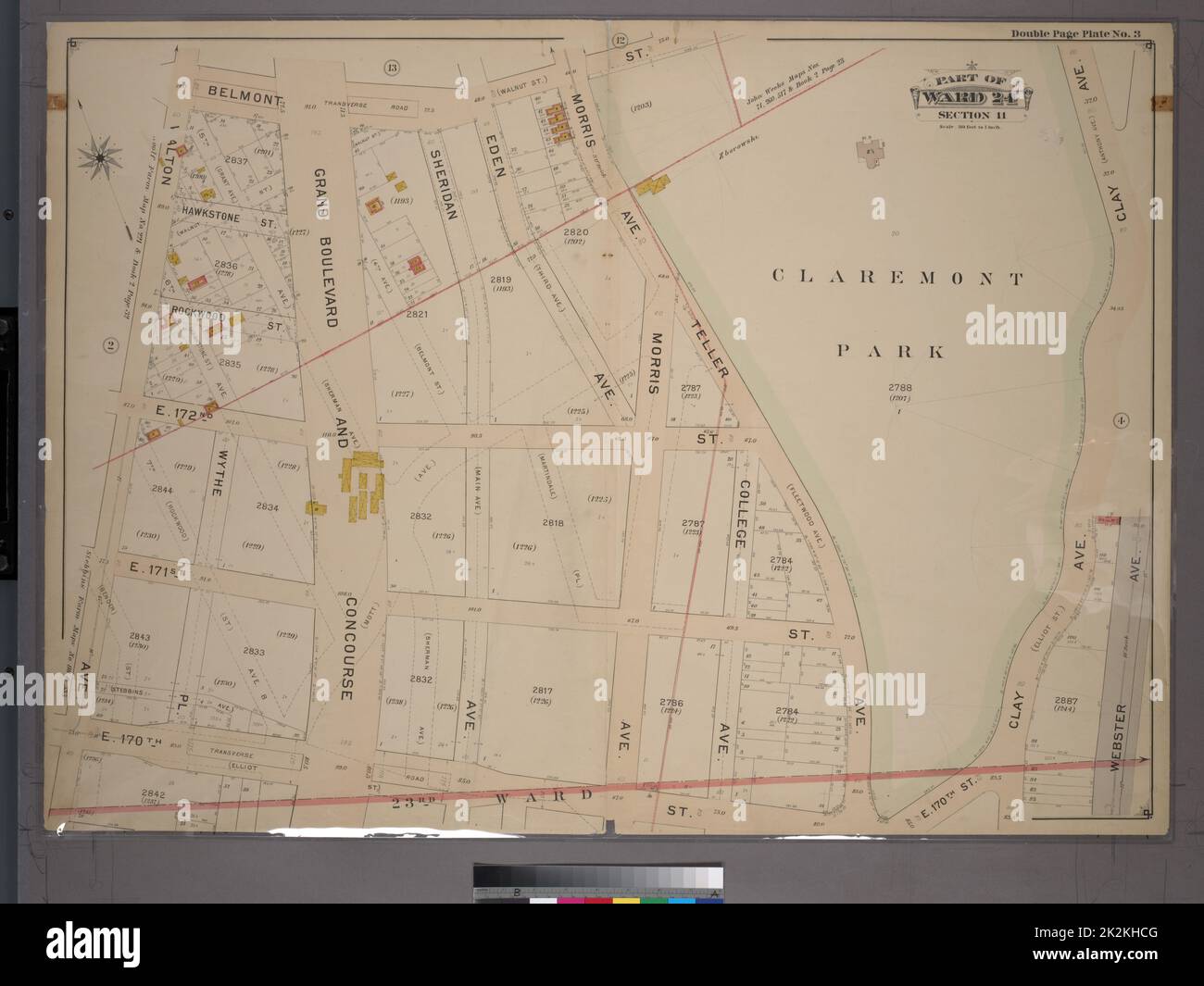 Cartografica, Mappe. 1901. Lionel Pincus e la Principessa Firyal Map Division. Bronx (New York, N.Y.), Real Property , New York (state) , New York Double Page Plate No. 3, Part of Ward 24, Section 11. Delimitato da Belmont Street, Clay Avenue, E. 170th Street e Walton Avenue. Foto Stock