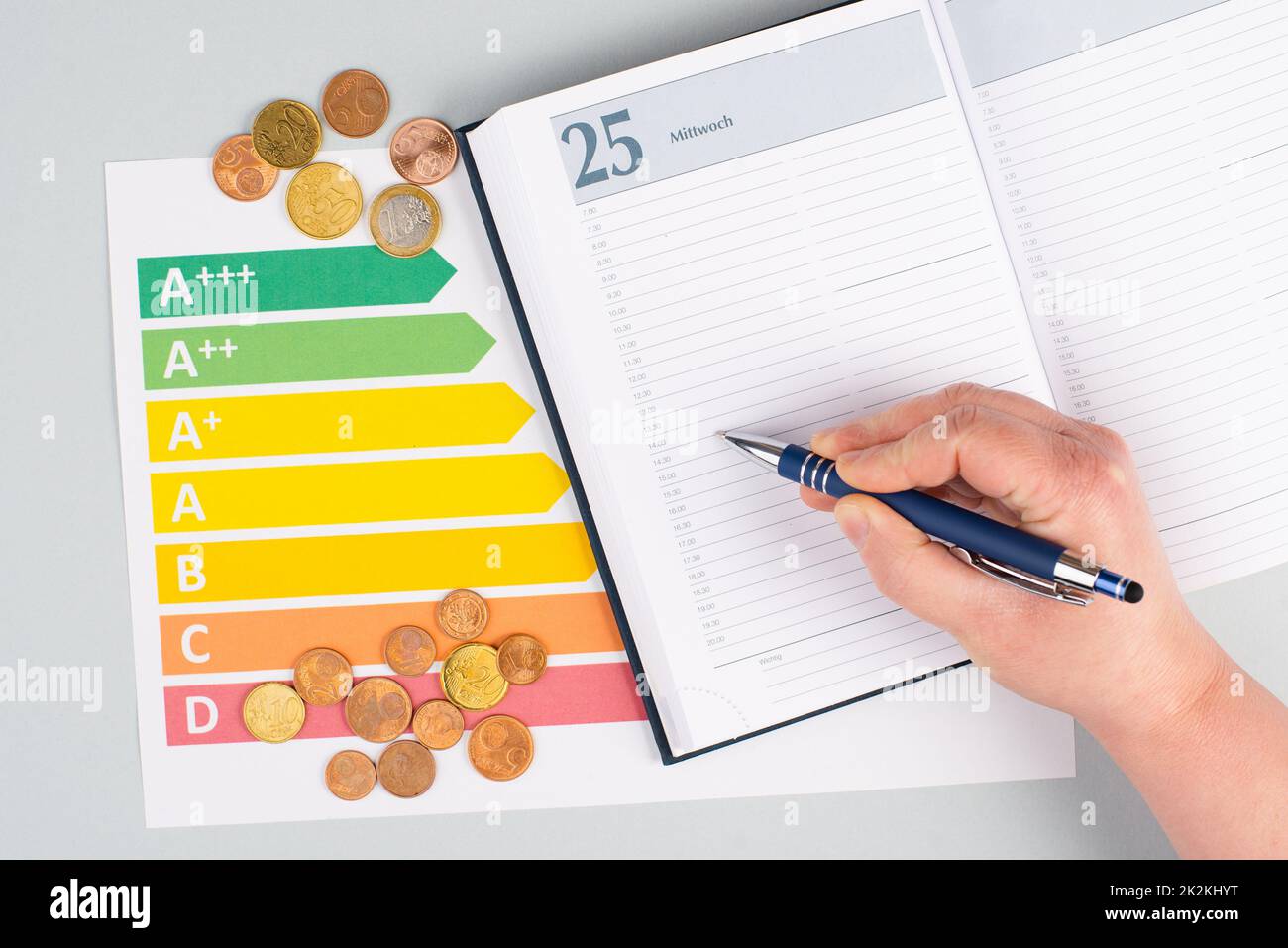 Carta vuota, monete in euro, consumo di energia, aumento dei costi dell'elettricità, tecnologia verde, inflazione, povertà e problemi ambientali Foto Stock