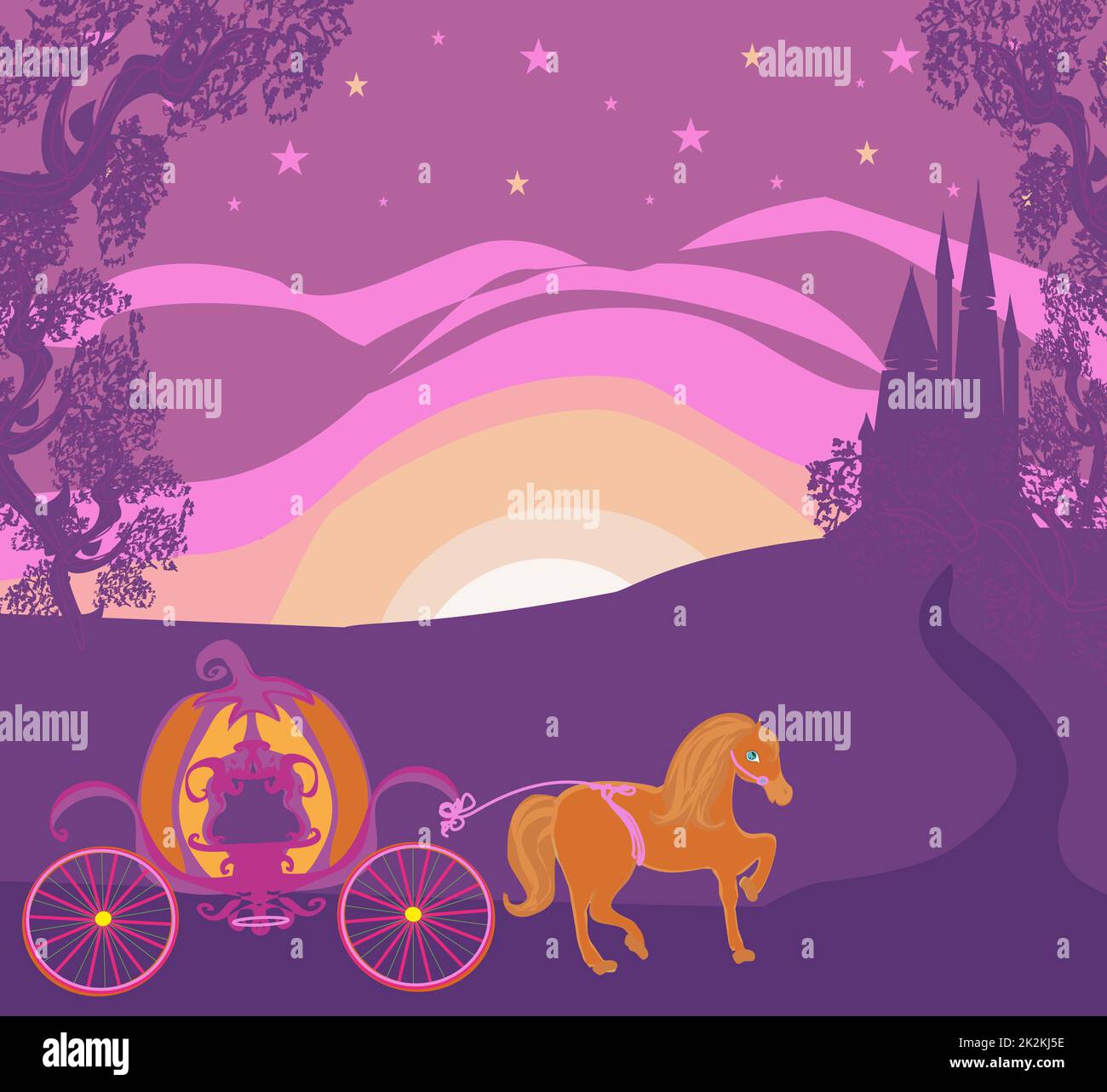 Carrozza a cavallo e un castello medievale Foto Stock