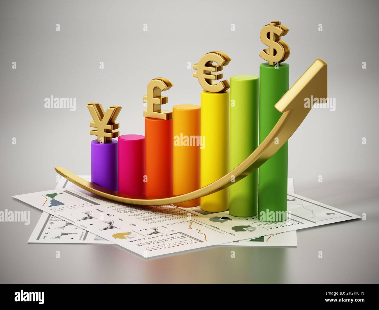 Freccia crescente e grafico con simboli di dollaro, euro, sterlina e yen. Illustrazione 3D Foto Stock