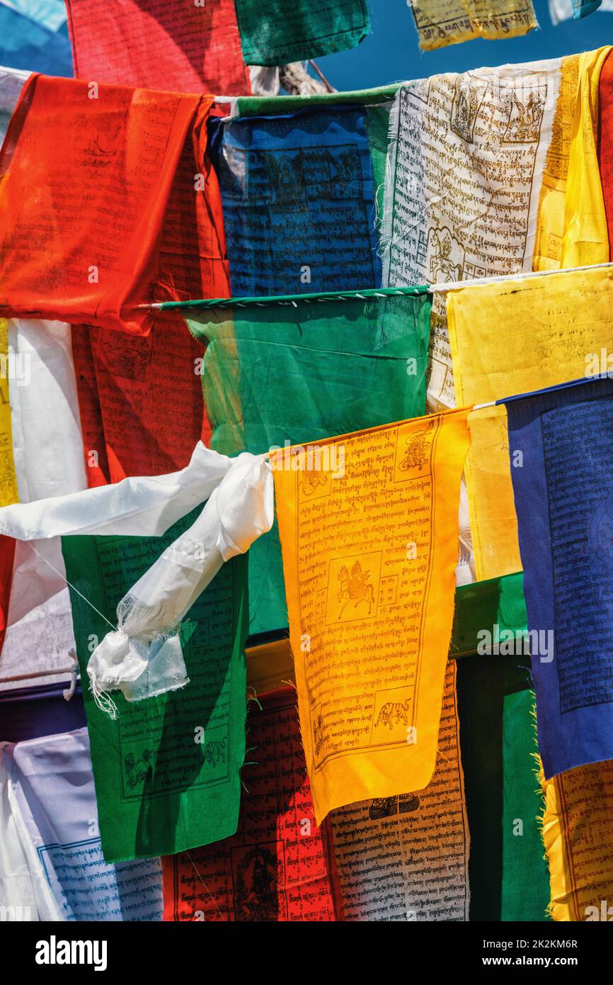Bandiere buddiste di preghiera lunga a McLeod Ganj, Himachal Pradesh, India Foto Stock
