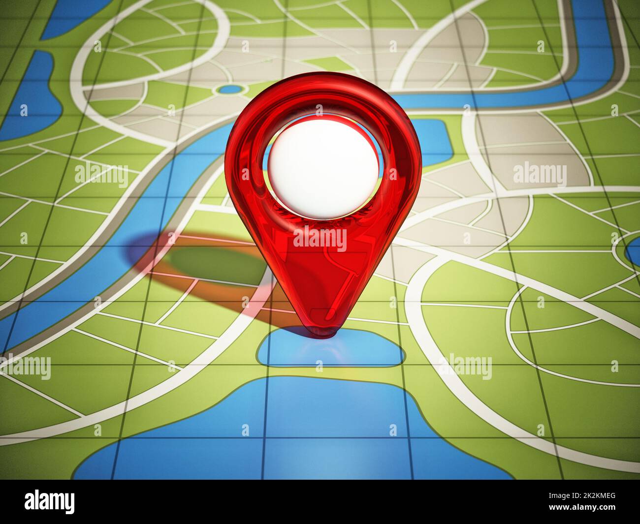 Mappa della città con indicatore GPS rosso. Illustrazione 3D Foto Stock