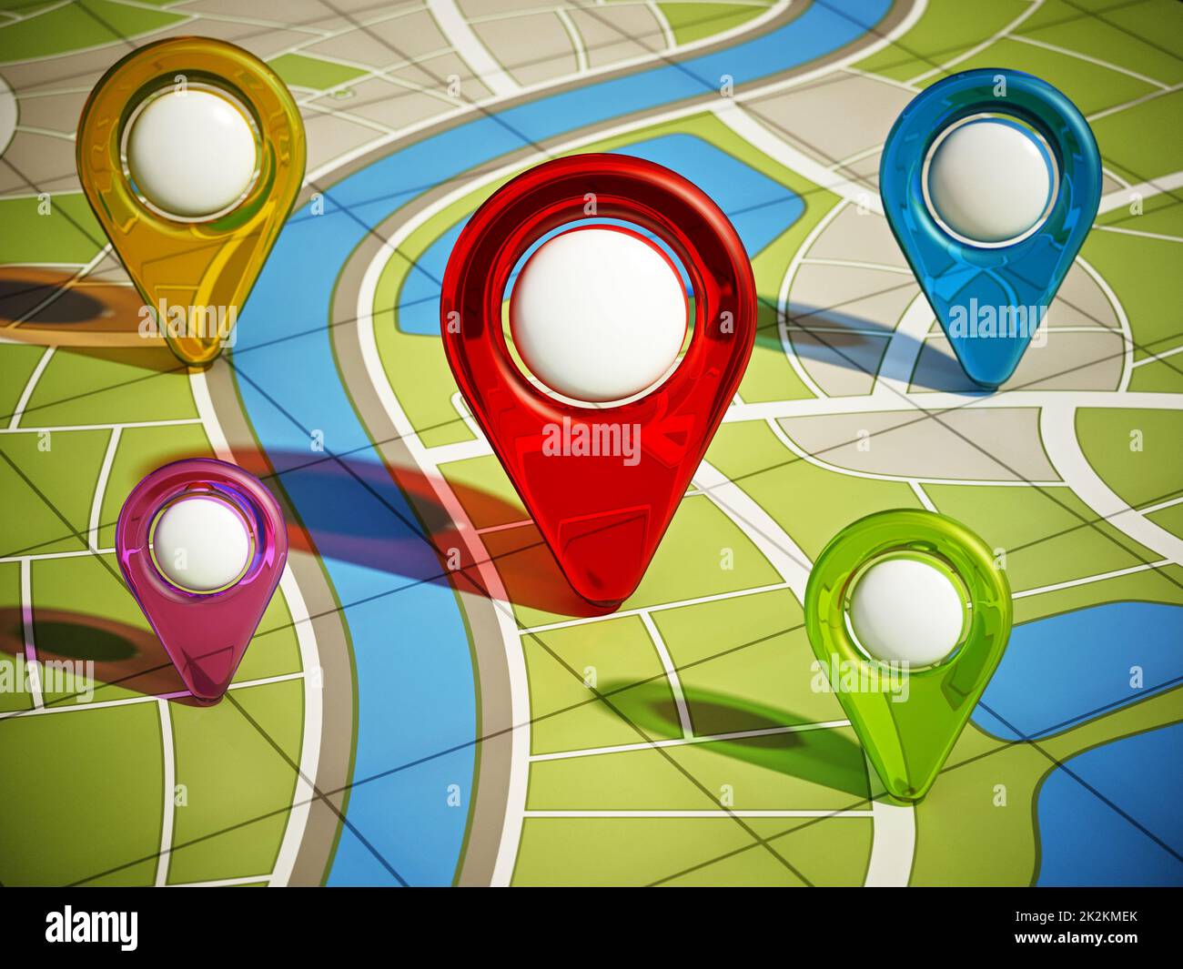 Mappa della città con indicatori GPS colorati. Illustrazione 3D Foto Stock