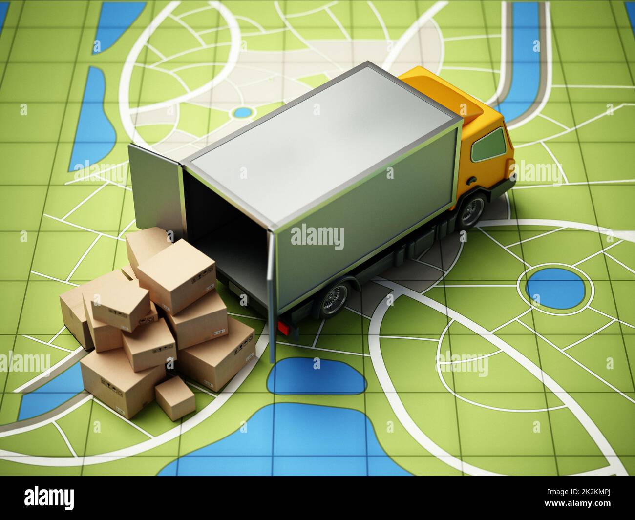 Furgone di trasporto con casse di carico in piedi sulla mappa GPS. Illustrazione 3D Foto Stock