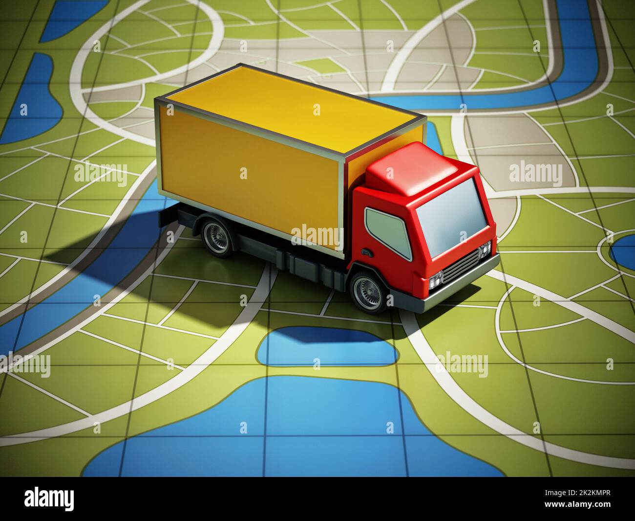 Pulmino di trasporto in piedi sulla mappa GPS. Illustrazione 3D Foto Stock