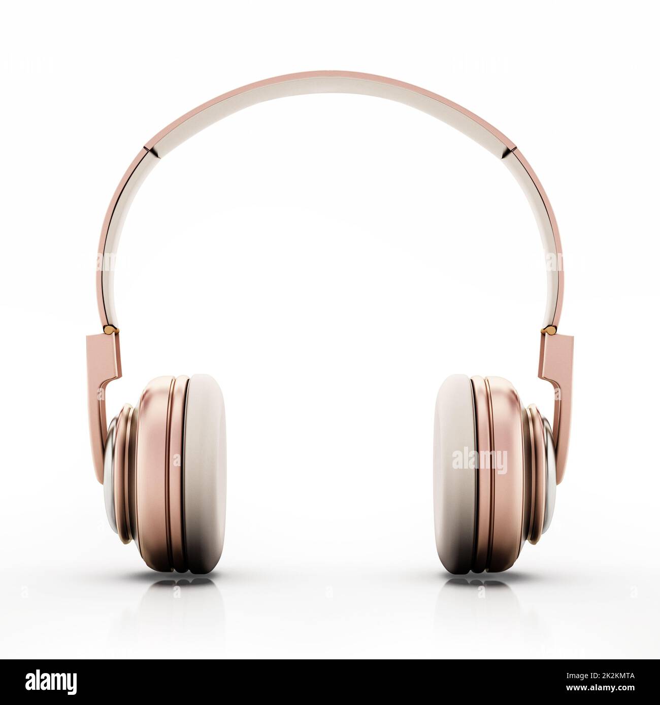 Cuffie in oro rosa isolate su sfondo bianco. Illustrazione 3D Foto Stock