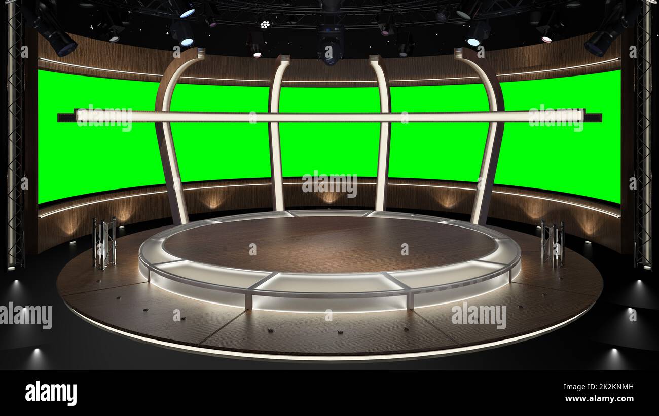 Set Studio TV virtuale. Sfondo verde dello schermo. 3D rendering Foto Stock