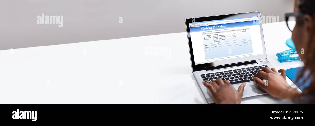 Donna d'affari che fa Online Banking sul notebook Foto Stock