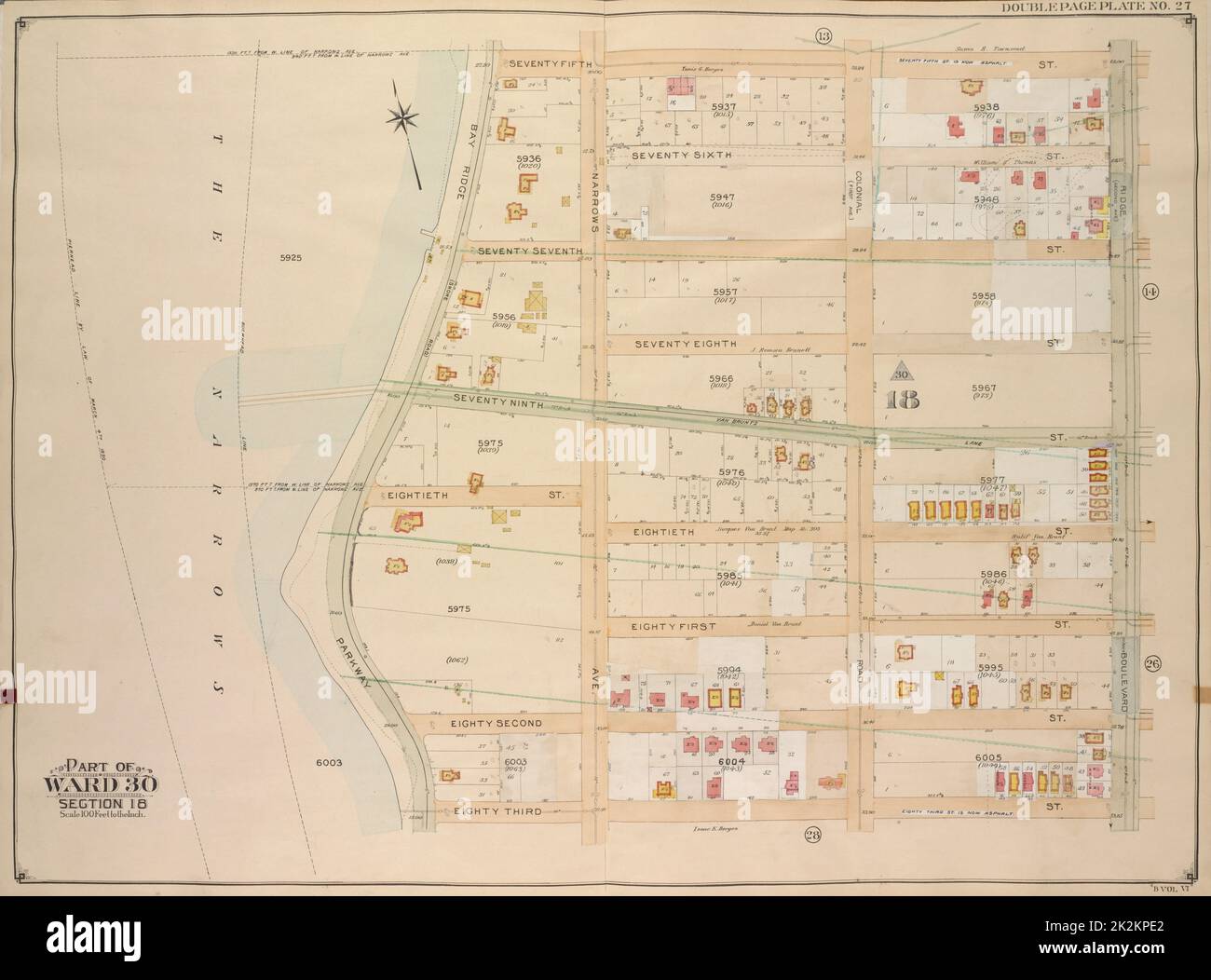 E.B. Hyde & Co.. Cartografica, Mappe. 1905. Lionel Pincus e la Principessa Firyal Map Division. Brooklyn (New York, N.Y.) , Mappe, Proprietà reale , New York (Stato) , New York Brooklyn, Vol. 6, Double Page Plate No. 27; parte di Ward 30, Sezione 18; Mappa delimitata da 75th St., Ridge Blvd.; incluso 83rd St., Bay Ridge Parkway Foto Stock