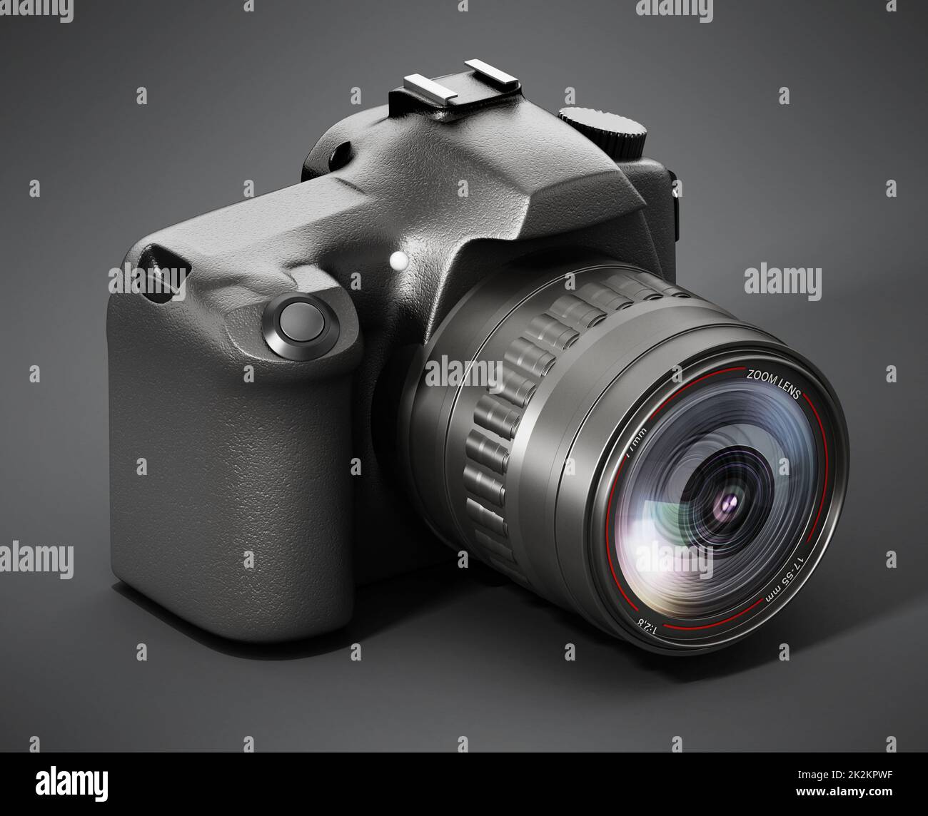 Fotocamera professionale DSLR su sfondo scuro. Illustrazione 3D Foto Stock Fotocamera professionale DSLR su sfondo scuro. Illustrazione 3D Foto Stock