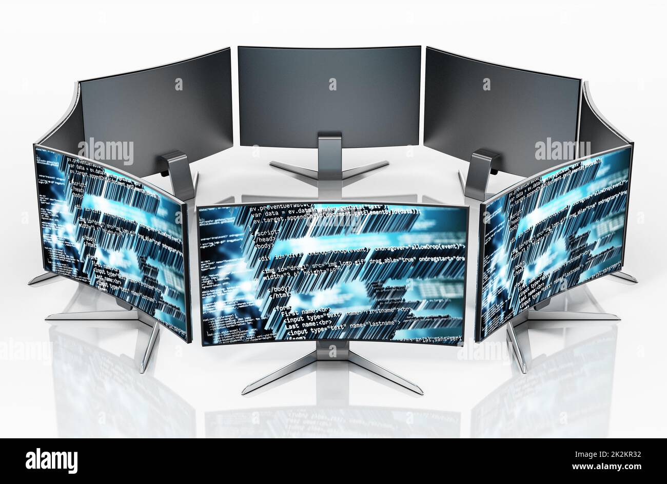 Monitor generici con sfondi codificati isolati su sfondo bianco. Illustrazione 3D Foto Stock