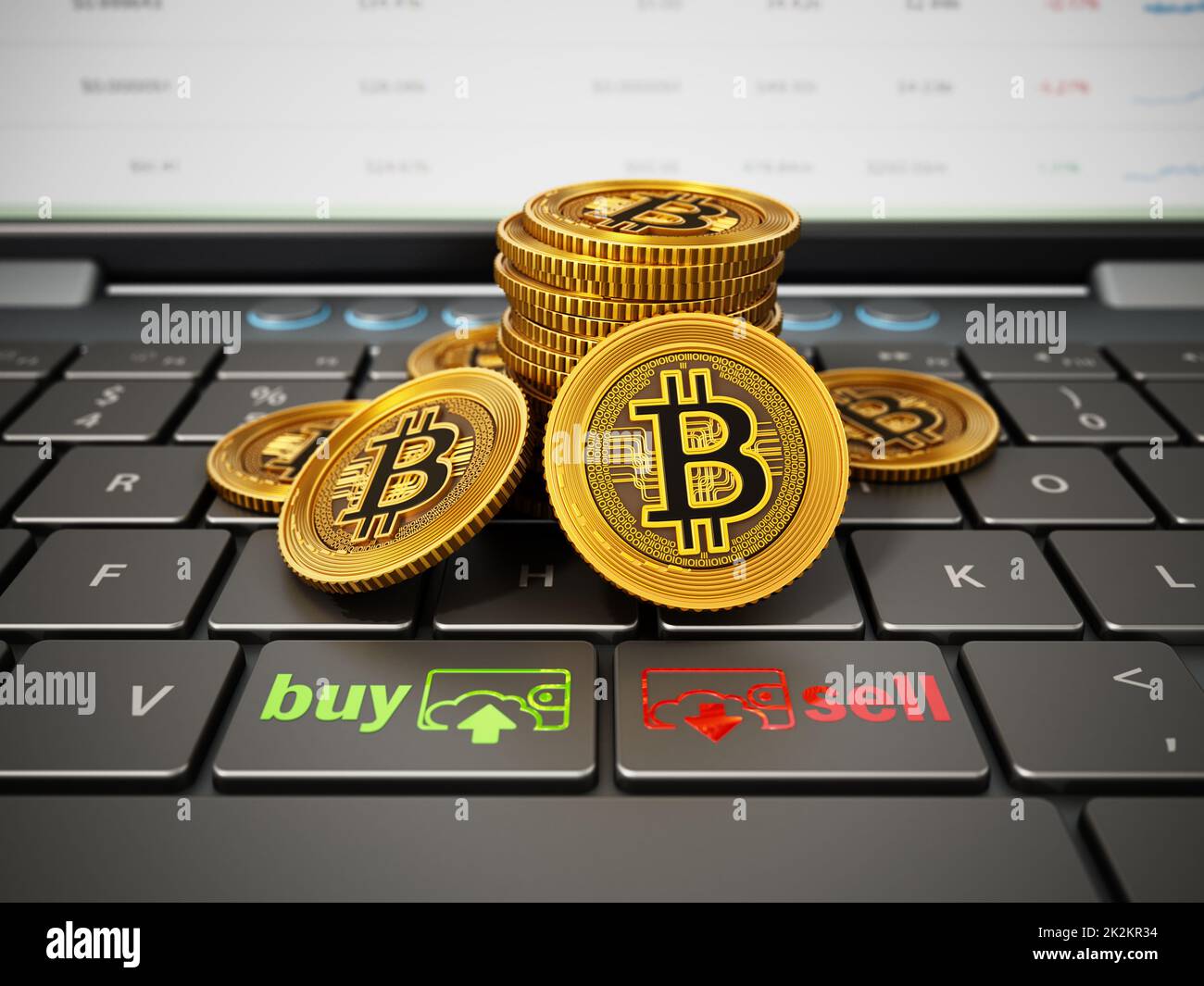 Monete in valuta crittografica generica, acquistare e vendere icone in piedi sulla tastiera del computer portatile. Illustrazione 3D Foto Stock