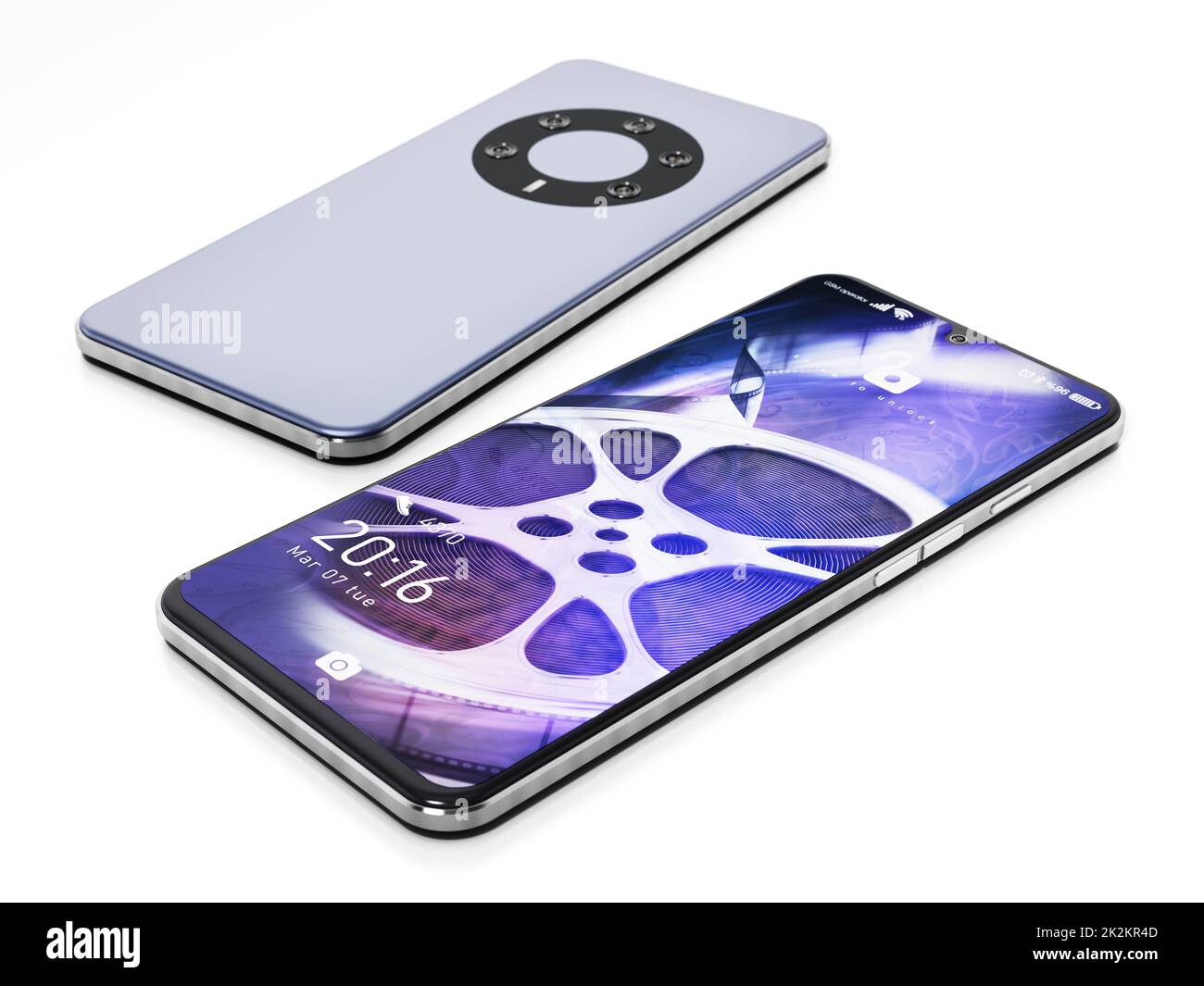 Smartphone generico con interfaccia schermo fittizia e design della fotocamera isolato su sfondo bianco. Illustrazione 3D Foto Stock