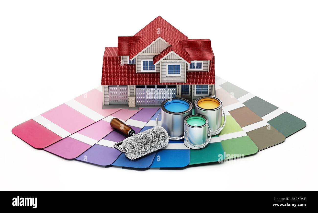 Guida alla tavolozza dei colori, modello di casa, barattoli di vernice e rullo di verniciatura. Illustrazione 3D Foto Stock
