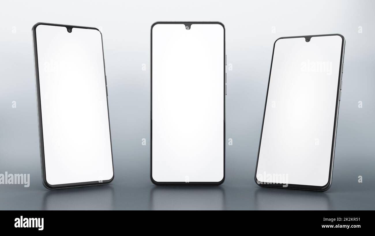 Smartphone dal design generico con variazioni di angolazione isolate su sfondo bianco. Illustrazione 3D Foto Stock