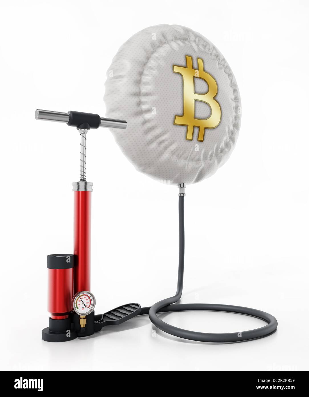 La pompa manuale gonfia il palloncino con il simbolo del bitcoin. Illustrazione 3D Foto Stock