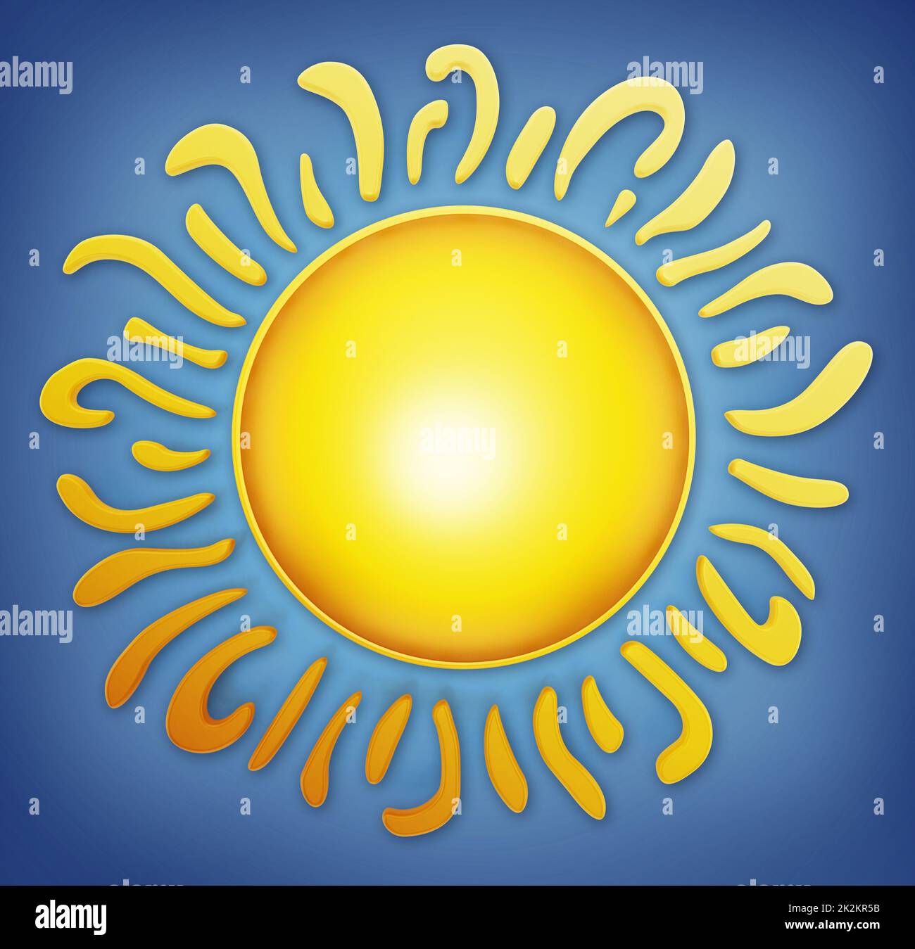 Illustrazione stilizzata del sole su sfondo blu. Illustrazione 3D Foto Stock