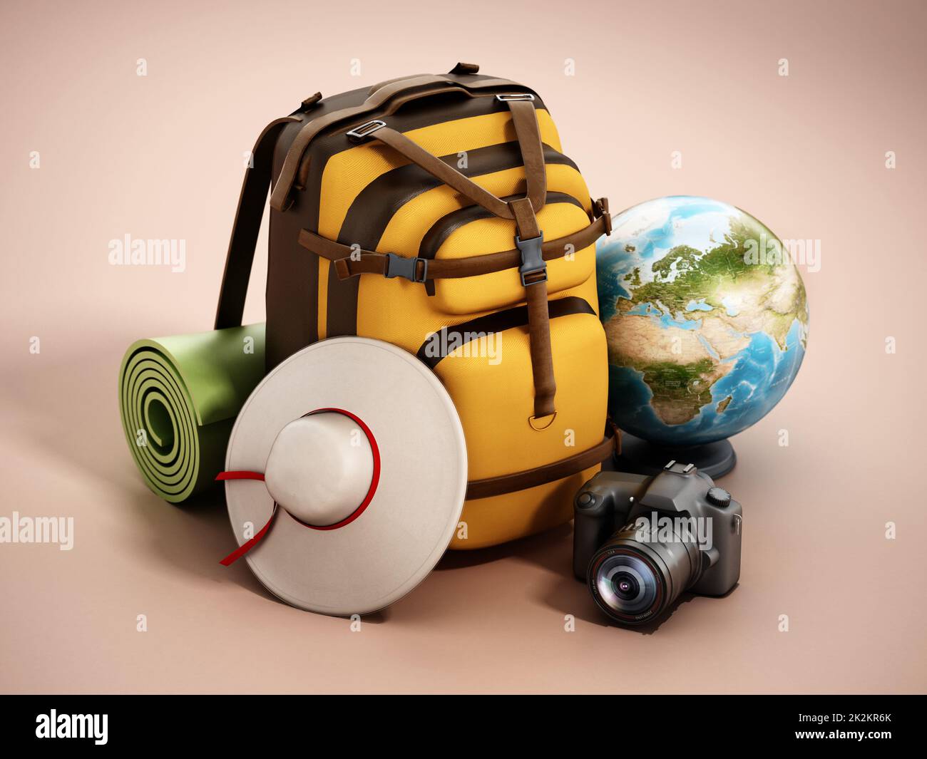 Zaino da viaggio, cappello, globo, macchina fotografica e tappetini. Illustrazione 3D Foto Stock