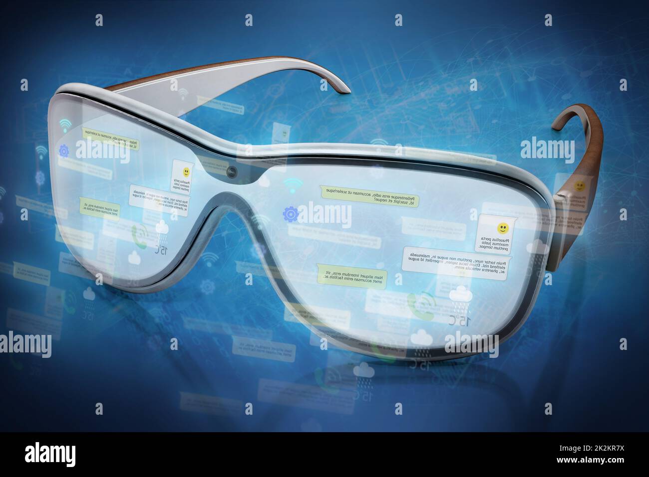 Realtà virtuale degli occhiali per realtà aumentata su sfondo blu. Illustrazione 3D Foto Stock
