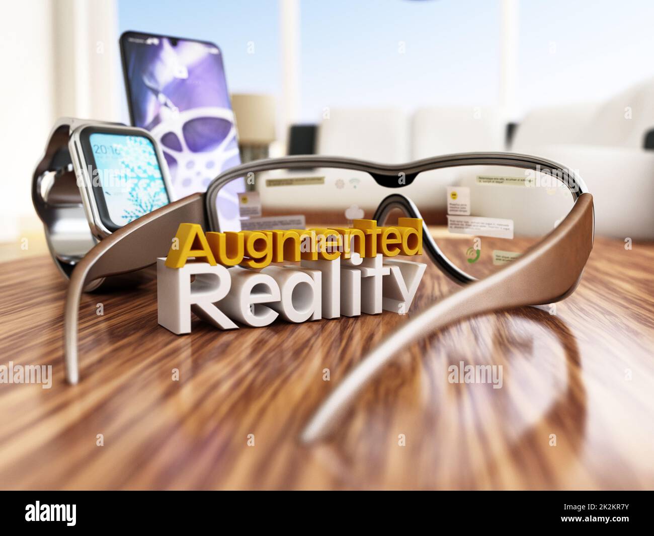 Occhiali per realtà aumentata, smartphone e smartwatch su un tavolo in legno. Illustrazione 3D Foto Stock