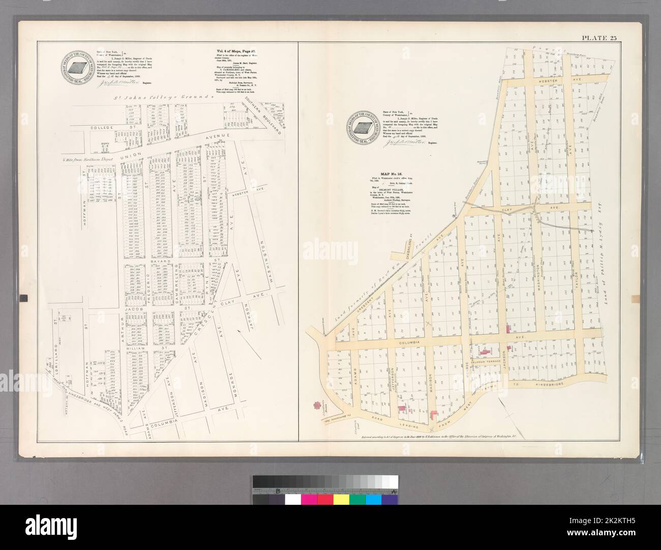 Cartografica, Mappe. 1888 - 1897. Lionel Pincus e la Principessa Firyal Map Division. Bronx (New York, N.Y.) Piastra 25: Vol. 4 di Mappe, pagina 22 delimitata da College St. (St. John's College Grounds), Southern Blvd., Washington Ave., Columbia Ave., Kingsbridge e West Farms Road, Lorillard St., Jacob St., Arthur St. E Union Ave.- Mappa n. 16: Delimitata da Webster Ave., Taylor Ave., strada che porta da West Farms a Kingsbridge e Crescent Avenue. Foto Stock
