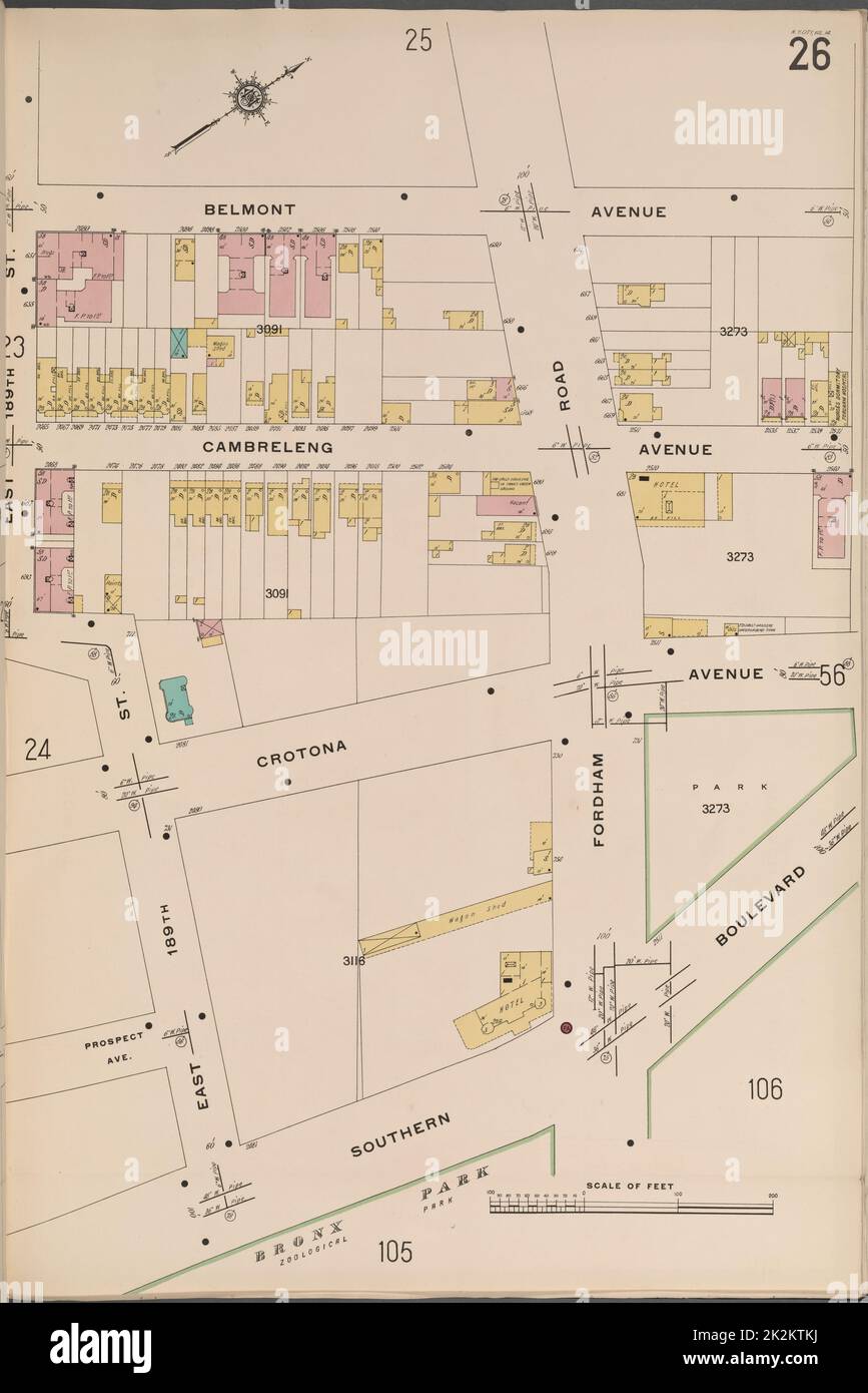 Cartografica, Mappe. 1914. Lionel Pincus e la Principessa Firyal Map Division. Assicurazione antincendio , New York (stato), Real Property , New York (stato), Cities & Cities , New York (stato) Bronx, V. 14, Plate No. 26 Mappa delimitata da Belmont Ave., Southern Blvd., E. 189th St. Foto Stock