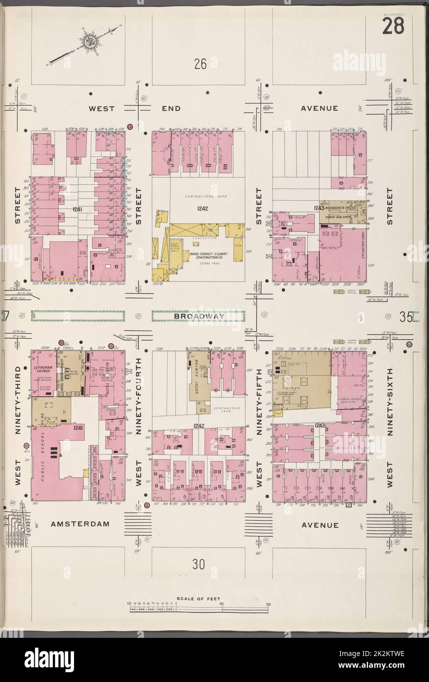 Cartografica, Mappe. 1912. Lionel Pincus e la Principessa Firyal Map Division. Assicurazione antincendio , New York (stato), Real Property , New York (stato), Cities & Cities , New York (stato) Manhattan V. 7, Plate No. 28 Mappa delimitata da West End Ave., W. 96rd St., Amsterdam Ave., W. 93rd St Foto Stock