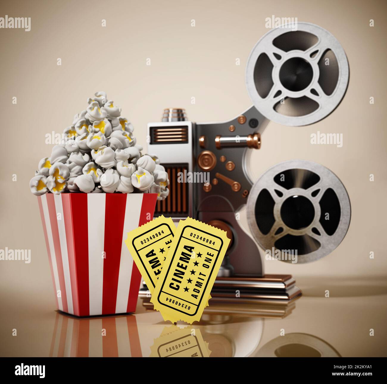 Pop corn proiettore di film d'epoca e biglietti per il cinema. Illustrazione 3D Foto Stock