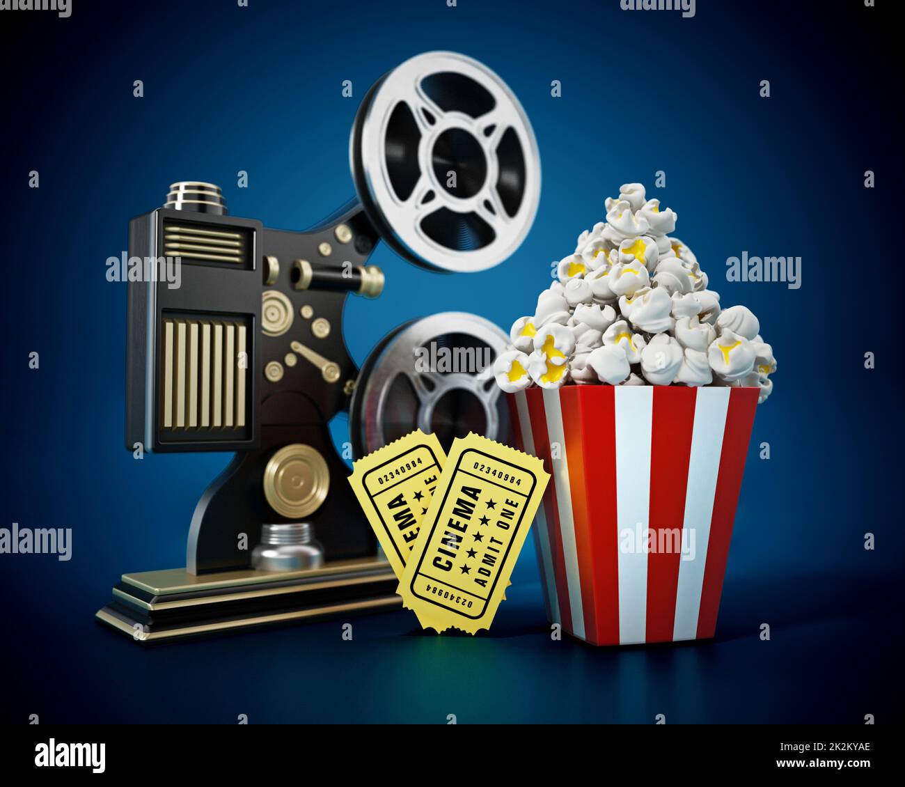 Proiettore di film d'epoca, popcorn e biglietti per il cinema. Illustrazione 3D Foto Stock