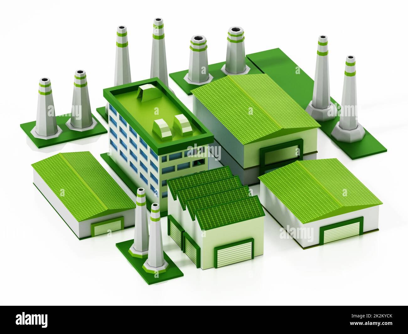 Composto di fabbrica ecologico isolato su sfondo bianco. Illustrazione 3D Foto Stock
