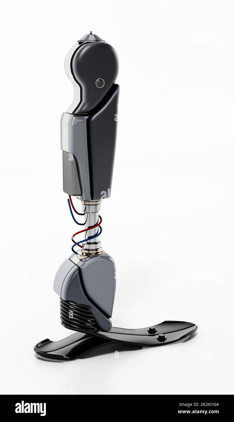 Gamba protesica moderna isolata su sfondo bianco. Illustrazione 3D Foto Stock