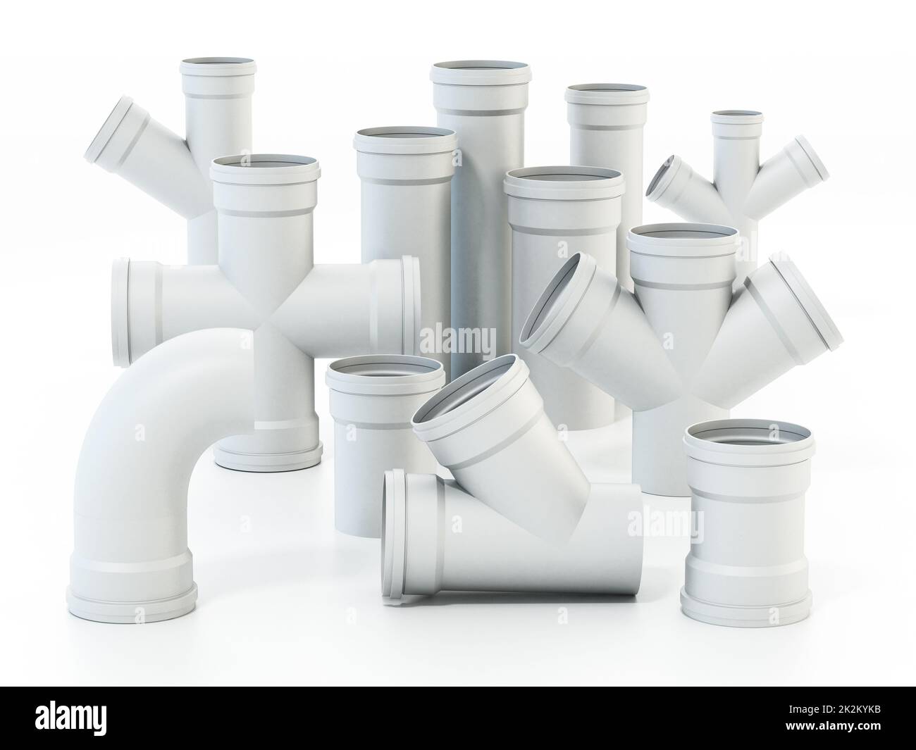 Parti di collegamento del tubo dell'acqua in PVC isolate su sfondo bianco. Illustrazione 3D Foto Stock