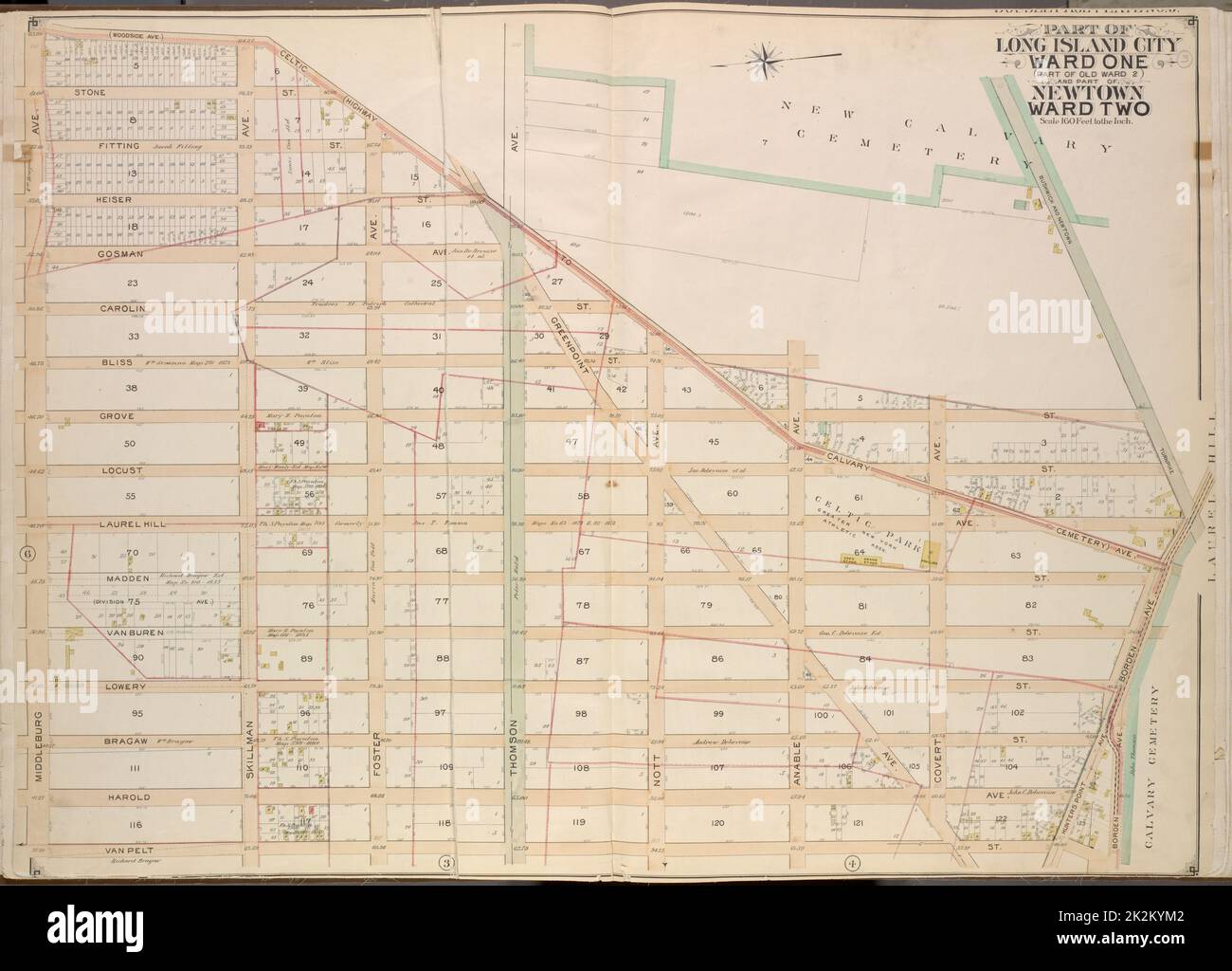 Cartografica, Mappe. 1903. Lionel Pincus e la Principessa Firyal Map Division. Queens (New York, N.Y.) Queens, Vol. 2, Double Page Plate No. 5; parte di Long Island City Ward One (parte di Old Ward 2) e parte di Newtown Ward Two; Mappa delimitata da Woodside Ave., Celtic Ave. (Autostrada per il cimitero del Calvario), Hunters Point Ave.; inclusi Borden Ave., Van Pelt St., Middleburg Ave. Foto Stock