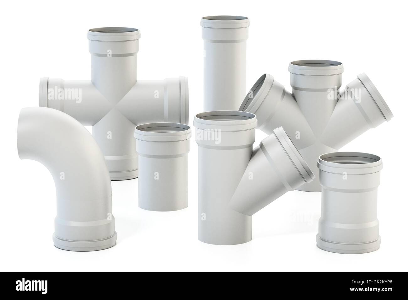 Parti di collegamento del tubo dell'acqua in PVC isolate su sfondo bianco. Illustrazione 3D Foto Stock