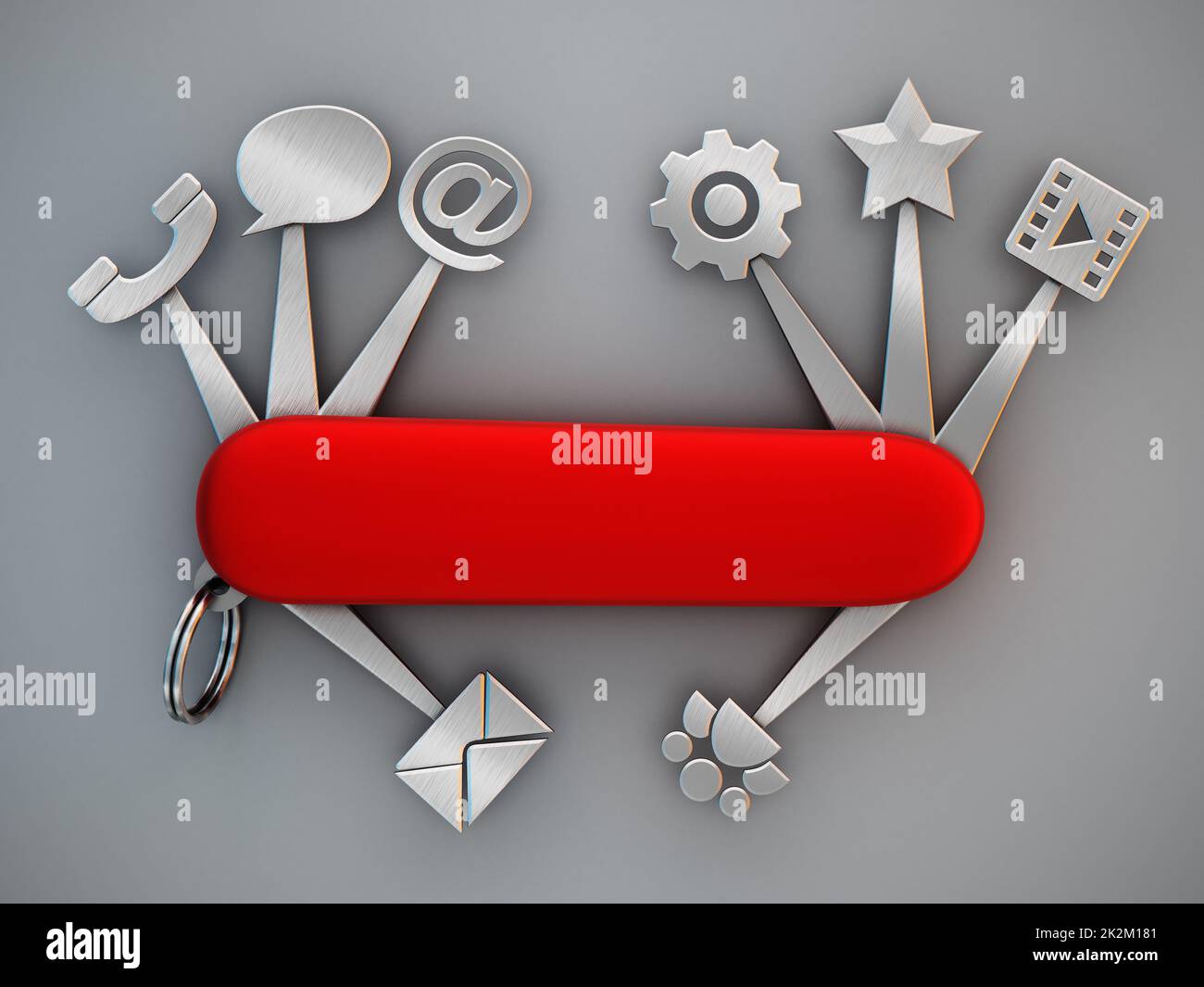 Icone della tecnologia collegate al coltello svizzero. Illustrazione 3D Foto Stock