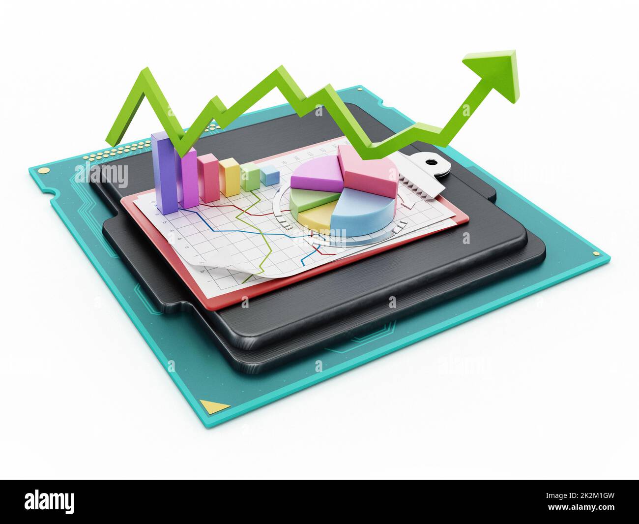 Freccia in aumento, grafico a torta e grafici di vendita su microprocessore generico. Illustrazione 3D Foto Stock