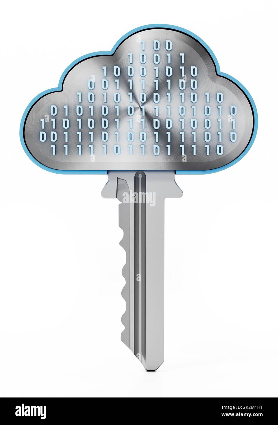 Chiave metallica con forma a nuvola e codice binario in cima. Concetto di cloud computing. Illustrazione 3D Foto Stock