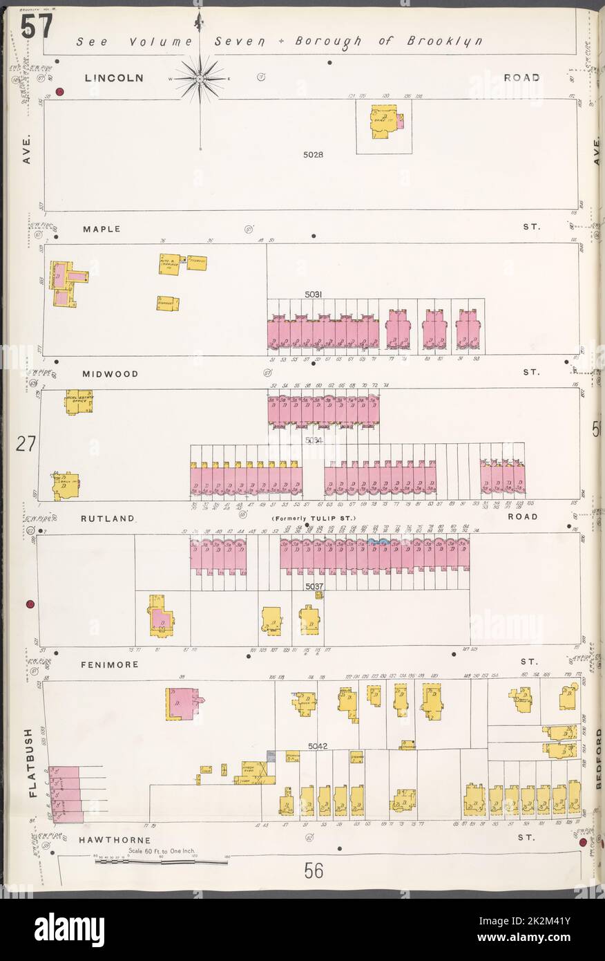 Cartografica, Mappe. 1884 - 1936. Lionel Pincus e la Principessa Firyal Map Division. Assicurazione antincendio , New York (stato), Real Property , New York (stato), Cities & Cities , New York (stato) Brooklyn V. 10, Plate No. 57 Mappa delimitata da Lincoln Rd., Bedford Ave., Hawthorne St., Flatbush Ave. Foto Stock
