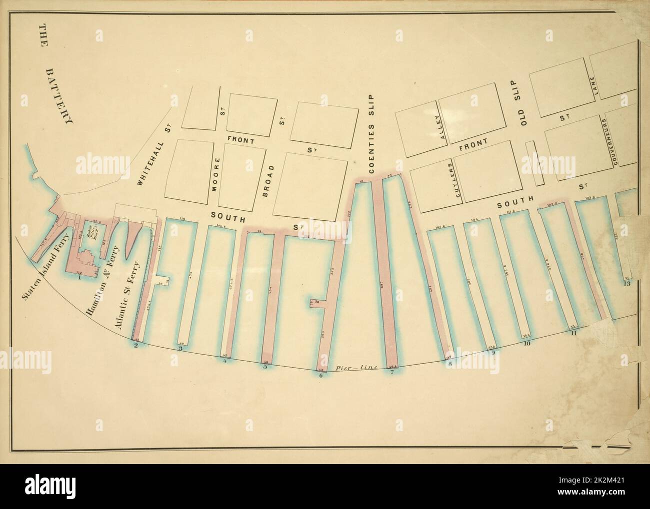 Cartografica, Mappe. 1860. Lionel Pincus e Princess Firyal Mappa della Divisione Mappa delimitata da Front St, Gouverneurs Lane, Pier - linea 1-13; inclusi South St, Staten Island Ferry, Hamilton Av Ferry, Atlantic St Ferry, Whitehall St, Moore St, Broad St, Coenties Slip, Cuylers Alley, Vecchio slittamento Foto Stock