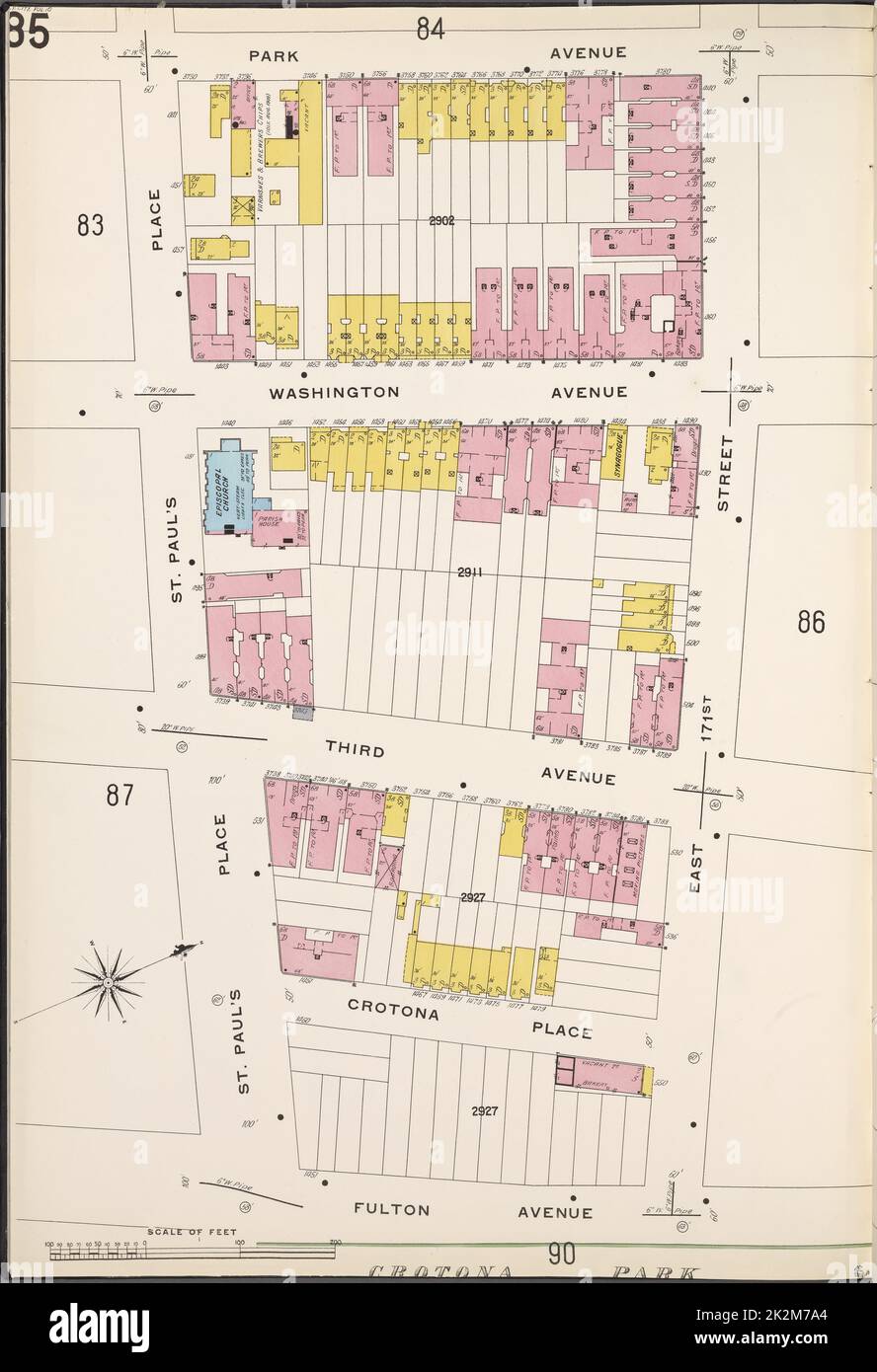 Cartografica, Mappe. 1909. Lionel Pincus e la Principessa Firyal Map Division. Assicurazione antincendio , New York (stato), Real Property , New York (stato), Cities & Cities , New York (stato) Bronx, V. 10, Plate No. 85 Mappa delimitata da Park Ave., E. 171st St., Fulton Ave., St. Paul's Place Foto Stock